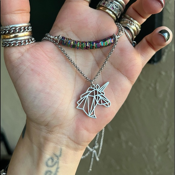 Double layer unicorn rainbow stones stainless steel adjustable choker necklace - Picture 12 of 13